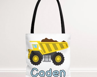 Bolsa de mano personalizada para niños con diseño de camión volquete, mochila con temática de construcción y nombre.