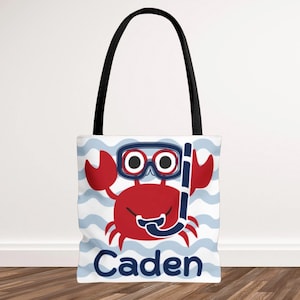 Kinder Krabbe Personalisierte Einkaufstasche, Kinder Strandtasche, anpassbare Ozean Tier Thema Tasche, Sommerferien Tote, Kinder Pool Tasche mit Namen