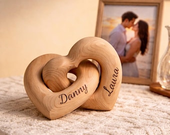 Personalized Wooden Interlocking Hearts Sculpture, Custom Couple Names Keepsake