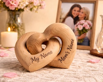 Scultura personalizzata con cuori intrecciati, scultura in legno con nome personalizzato, regalo di anniversario per coppie, ricordo per la festa della mamma