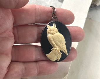 Owl Cameo Necklace, Acrylic Resin Soldered Pendant, Woodland Jewelry