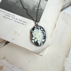 Rose Cameo 1990s, Black and Beige, Acrylic Resin Soldered Pendant, Floral Jewelry image 4