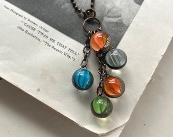 Cats Eye Glass Marble Jumble Necklace, Upcycled Jewelry, Colorful, One of a Kind Pendant