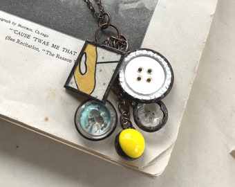 Vintage Charm Necklace, Yellow Found Objects, Soldered Antique Memories, Charmed Jewelry