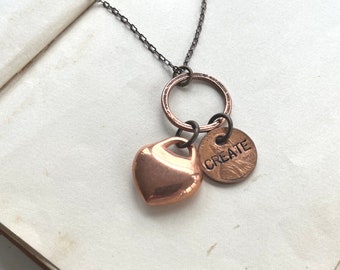 Vintage Heart Necklace, Stamped Penny Jewelry CREATE, Antiqued Copper