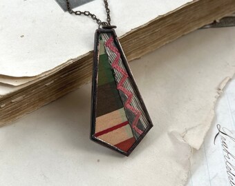 Salvaged Victorian Crazy Quilt Necklace, Stained Glass Soldered Jewelry, Romance Core, Quilt Art Salvaged