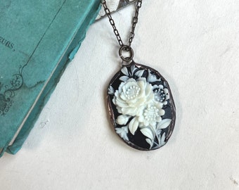 Rose Cameo 1990s, Black and Beige, Acrylic Resin Soldered Pendant, Floral Jewelry