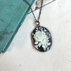 Rose Cameo 1990s, Black and Beige, Acrylic Resin Soldered Pendant, Floral Jewelry image 1