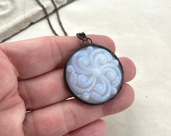 White Swirl Stained Glass Necklace, Winter White Glass Jewelry, Jewelry Gift