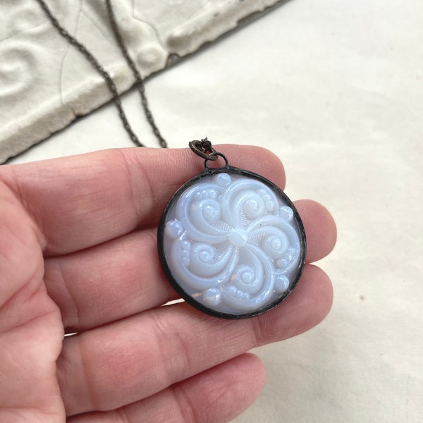 White Swirl Stained Glass Necklace, Winter White Glass Jewelry, Jewelry Gift