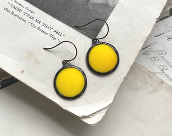 Vintage Yellow Glass Stained Glass Earrings, OOAK Soldered Jewelry, Vintage