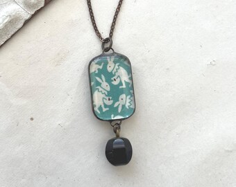 Vintage Rabbit Clown Fabric Necklace, Soldered Glass Pendant
