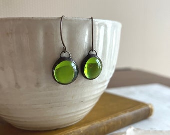 Vintage Green Mirror Glass Earrings, 1980s German Glass