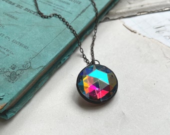 Rainbow Iridescent Stained Glass Necklace,  Aurora Borealis Faceted Pendant