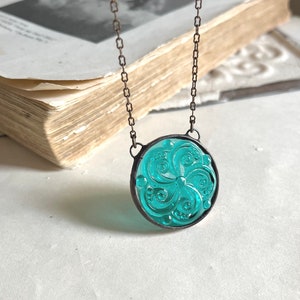 Teal Glass Pendant, Stained Glass Jewelry, Summer Necklace