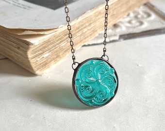 Teal Glass Pendant, Stained Glass Jewelry, Summer Necklace