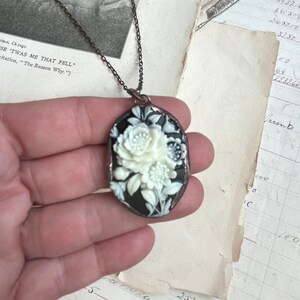 Rose Cameo 1990s, Black and Beige, Acrylic Resin Soldered Pendant, Floral Jewelry image 5