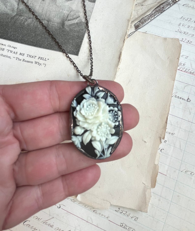 Rose Cameo 1990s, Black and Beige, Acrylic Resin Soldered Pendant, Floral Jewelry image 5