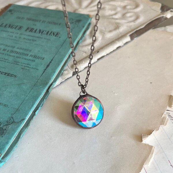 Iridescent Stained Glass Pendant, Prism Mirror Necklace, Small .75" Rainbow Jewelry