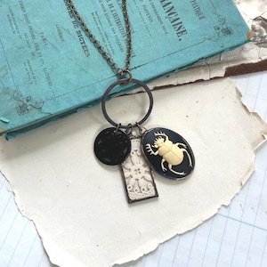 Scarab Beetle Cameo Paper Lace Charm Necklace, Insect Bug Jewelry