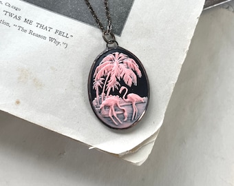 Pink Flamingos Cameo Necklace, Acrylic Resin Soldered Pendant