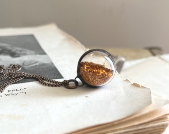 Copper Glitter Crystal Ball Glass Orb Necklace, German Glass Glitter