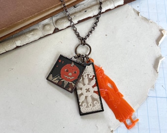 Soldered Jack o Lantern Paper Lace Charm Necklace, Halloween Charm Pendant
