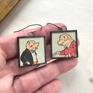 Dressed Pigs Vintage Childrens Book Illustrated Earrings, Soldered Jewelry, Assymetrical image 4