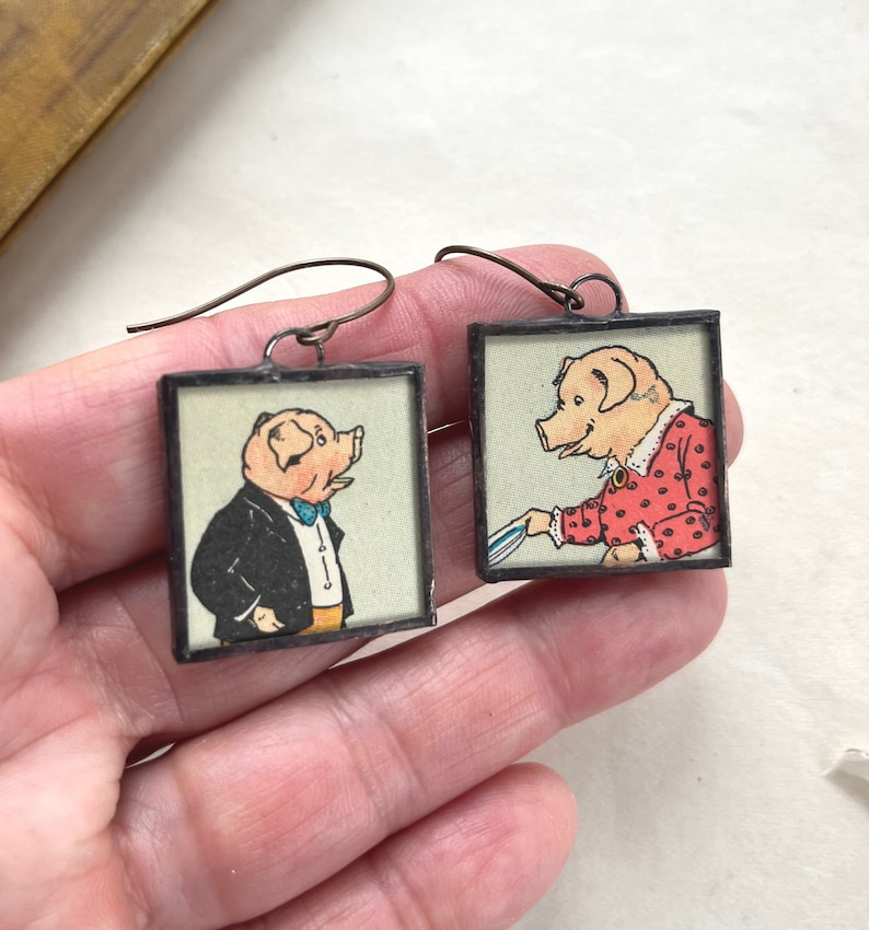 Dressed Pigs Vintage Childrens Book Illustrated Earrings, Soldered Jewelry, Assymetrical image 4