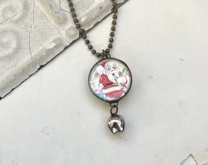 Vintage Santa Holiday Pendant, Glass Bubble Jewelry, Jingle Bell Etsy