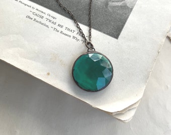 Teal Pointed Glass Prism Pendant, Faceted Stained Glass Jewelry