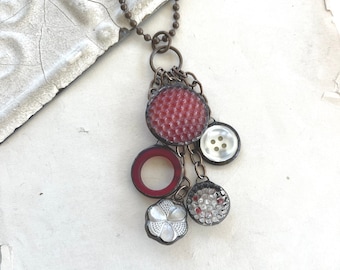 Soldered Charm Pendant, Red Glass, Upcycled Vintage Buttons, Stained Glass Jewelry