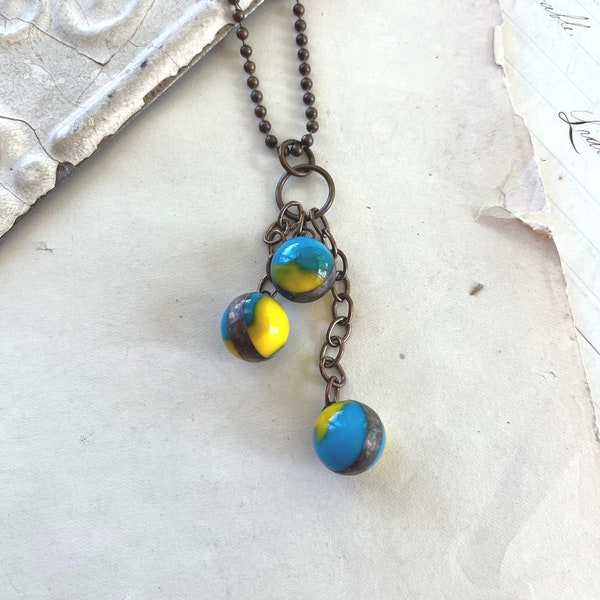 Sunny Skies Glass Marble Necklace, Recycled Kitschy Jewelry, Blue and Yellow, Soldered Pendant