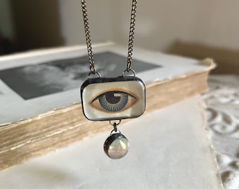 Mind’s Eye, Vintage Eye Decal Glass Pendant, Eye Necklace Jewelry