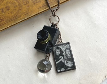 Flashback Soldered Camera Charm Necklace, Photography, Sisters Vintage Photo, Doll, Glass Marble