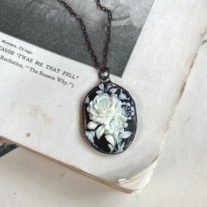 Rose Cameo 1990s, Black and Beige, Acrylic Resin Soldered Pendant, Floral Jewelry image 2