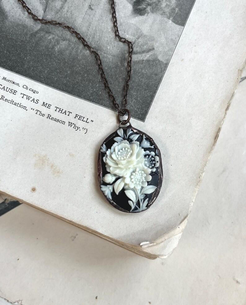 Rose Cameo 1990s, Black and Beige, Acrylic Resin Soldered Pendant, Floral Jewelry image 2