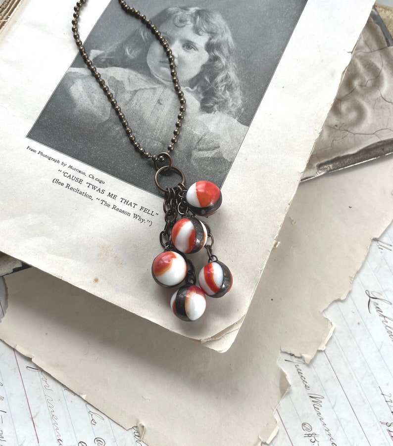 Burnt Orange Marble Necklace, Recycled Kitschy Jewelry, Orange Brown and White image 2