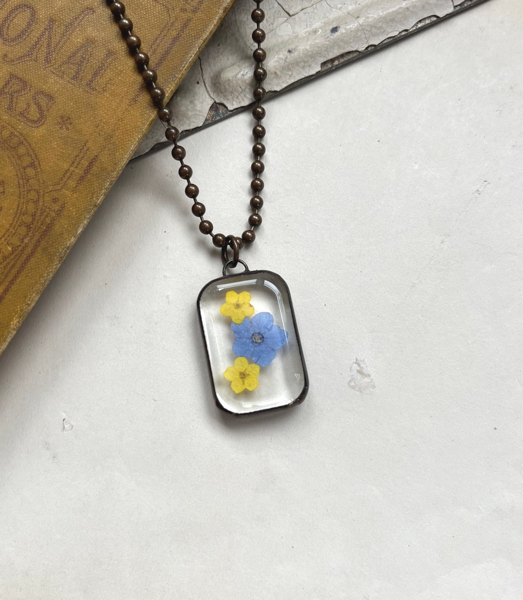 Me Not Pressed Flower Necklace, Soldered Glass Flower Jewelry Etsy