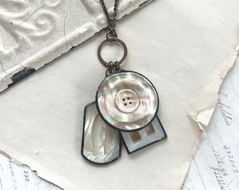 Mother of Pearl Shell Necklace, OOAK Jewelry, Sewn Salvaged, Vintage Button and Buckle Pendant