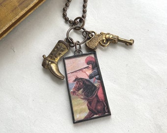 Wild West Charm Pendant, Vintage Postcard Boots and Gun Jewelry