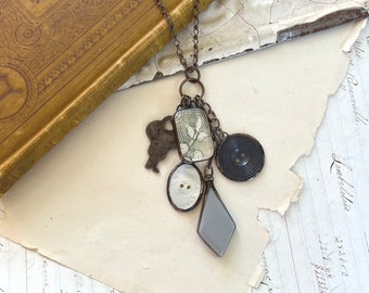 Key to the Past Upcycled Soldered Jewelry, Vintage Lucite Lace Key and Button Necklace