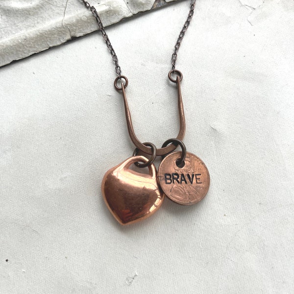 Antiqued Copper Stamped Penny Jewelry, Brave, Heart