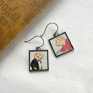 Dressed Pigs Vintage Childrens Book Illustrated Earrings, Soldered Jewelry, Assymetrical image 1