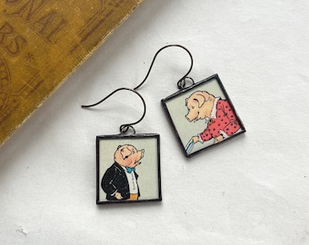 Dressed Pigs Vintage Childrens Book Illustrated Earrings, Soldered Jewelry, Assymetrical
