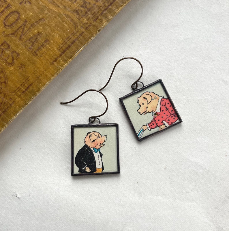 Dressed Pigs Vintage Childrens Book Illustrated Earrings, Soldered Jewelry, Assymetrical image 1