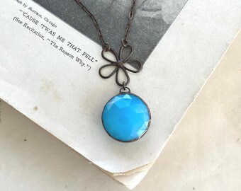 Aqua Blue Opal Faceted Glass Flower Charm Necklace, Stained Glass Jewelry