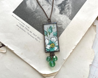 Spring Vintage Hanky Pendant, Flower Glass Necklace, Stained Glass Jewelry, One of a Kind