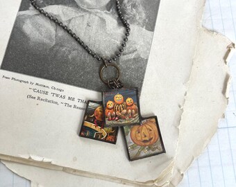 Vintage Halloween Jack O Lantern Pendant, Soldered Glass Jewelry