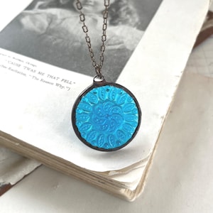 Aqua Blue Stained Glass Pendant, Soldered Jewelry, Victorian Style